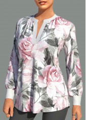White tops,Floral tops,ROTITA Valentines White Rose Print Split Neck Blouse