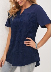 Plain Color tops,Mesh Stitching Split Neck Navy Blue T Shirt