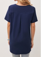 Plain Color tops,Mesh Stitching Split Neck Navy Blue T Shirt