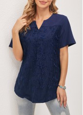 Mesh Stitching Split Neck Navy Blue T Shirt