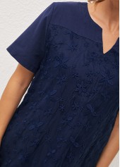 Plain Color tops,Mesh Stitching Split Neck Navy Blue T Shirt
