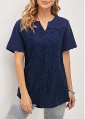 Plain Color tops,Mesh Stitching Split Neck Navy Blue T Shirt