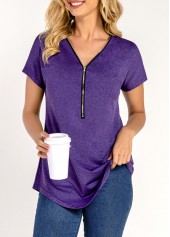 Purple tops,Plain Color tops,Quarter Zip Purple Short Sleeve T Shirt