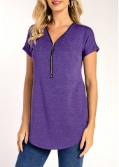 Purple tops,Plain Color tops,Quarter Zip Purple Short Sleeve T Shirt