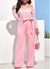 ROTITA Off Shoulder Pink Lace Stitching Jumpsuit