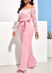 Pink jumpsuits & rompers,Plain Color jumpsuits & rompers,ROTITA Off Shoulder Pink Lace Stitching Jumpsuit