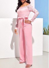 Pink jumpsuits & rompers,Plain Color jumpsuits & rompers,ROTITA Off Shoulder Pink Lace Stitching Jumpsuit