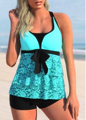 Cyan Lace Stitching Layered Hem Tankini Set