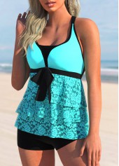 Cyan swimwear,Contrast Color swimwear,ROTITA Cyan Lace Stitching Layered Hem Tankini Top