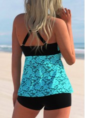 Cyan swimwear,Contrast Color swimwear,ROTITA Cyan Lace Stitching Layered Hem Tankini Top
