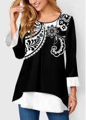 ROTITA Paisley Print Layered Hem Black Blouse