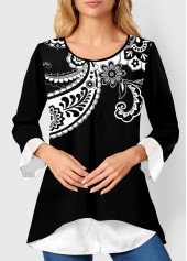 Black tops,Paisley tops,ROTITA Paisley Print Layered Hem Black Blouse