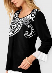 Black tops,Paisley tops,ROTITA Paisley Print Layered Hem Black Blouse