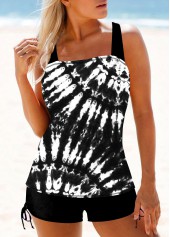 Tie Dye Print Wide Strap Black Tankini Set
