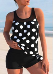 Mesh Stitching Polka Dot Black Tankini Set
