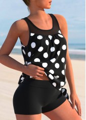 Black swimwear,Dot swimwear,ROTITA Mesh Stitching Polka Dot Black Tankini Top