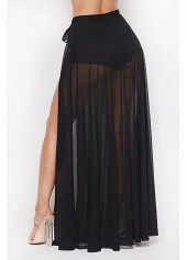Black swimwear,Plain Color swimwear,ROTITA High Waist Black Side Slit Mesh Pantskirt