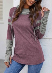 Striped tops,Hooded Collar Kangaroo Pocket Dusty Pink T Shirt