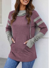 Striped tops,Hooded Collar Kangaroo Pocket Dusty Pink T Shirt