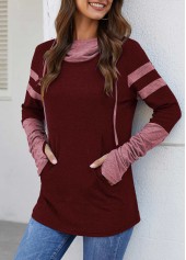 Wine Red tops,Striped tops,Wine Red Kangaroo Pocket Hooded Collar T Shirt