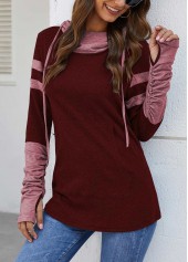 Wine Red tops,Striped tops,Wine Red Kangaroo Pocket Hooded Collar T Shirt