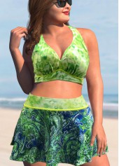 ROTITA Plus Size Paisley Print High Waisted Green Bikini Set