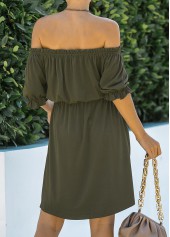 Olive Green dresses,Plain Color dresses,Army Green Off Shoulder Drawstring Waist Dress