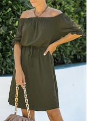 Olive Green dresses,Plain Color dresses,Army Green Off Shoulder Drawstring Waist Dress