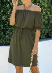 Army Green Off Shoulder Drawstring Waist Dress