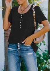 Decorative Button Black Short Sleeve T Shirt