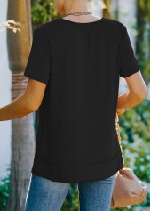 Black tops,Plain Color tops,Decorative Button Black Short Sleeve T Shirt