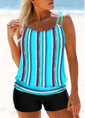Striped Blue Double Straps Tankini Set