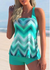 Cyan swimwear,Geometric swimwear,ROTITA Geometric Print Cross Strap Cyan Tankini Set