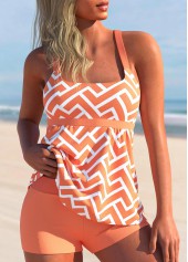 ROTITA Geometric Print Wide Strap Orange Tankini Set