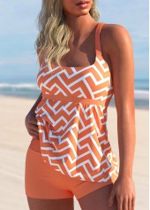 Orange swimwear,Geometric swimwear,ROTITA Geometric Print Wide Strap Orange Tankini Set