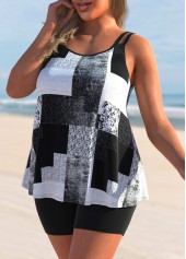 Black plus size,Geometric plus size,ROTITA Plus Size Black Geometric Print Tankini Top