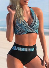 Black swimwear,Tribal swimwear,ROTITA Tribal Print Black High Waisted Bikini Set