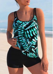 Black Wide Strap Leaf Print Tankini Set