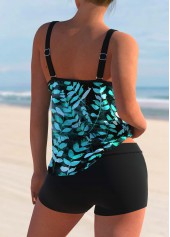 Black swimwear,Plants swimwear,ROTITA Black Wide Strap Leaf Print Tankini Top
