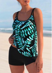Black swimwear,Plants swimwear,ROTITA Black Wide Strap Leaf Print Tankini Top