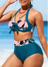 Peacock Blue swimwear,Floral swimwear,ROTITA Floral Print High Waisted Peacock Blue Bikini Set
