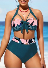 ROTITA Floral Print High Waisted Peacock Blue Bikini Set