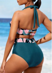 Peacock Blue swimwear,Floral swimwear,ROTITA Floral Print High Waisted Peacock Blue Bikini Set