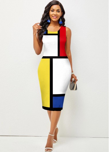 Multi Color dresses,Contrast Color dresses,ROTITA Sleeveless Color Block Round Neck Dress