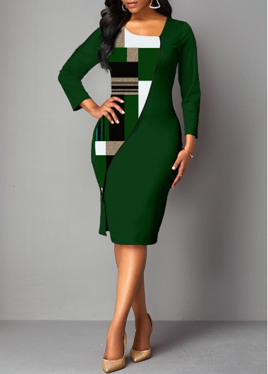 Olive Green dresses,Geometric dresses,ROTITA 3/4 Sleeve Geometric Print Bodycon Dress