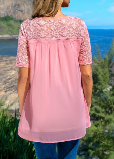 Pink tops,Plain Color tops,ROTITA Lace Patchwork Pink Round Neck Blouse