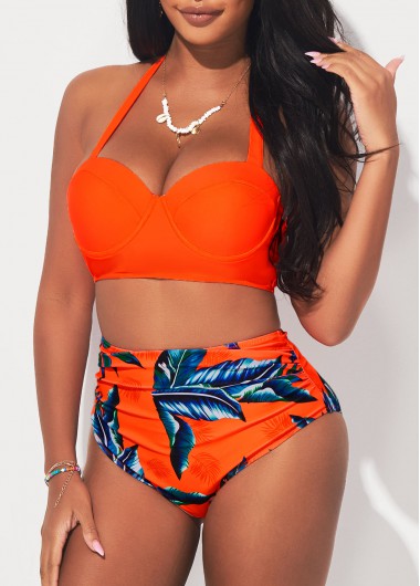 Orange swimwear,Plants swimwear,ROTITA Tropical Print High Waisted Orange Bikini Set