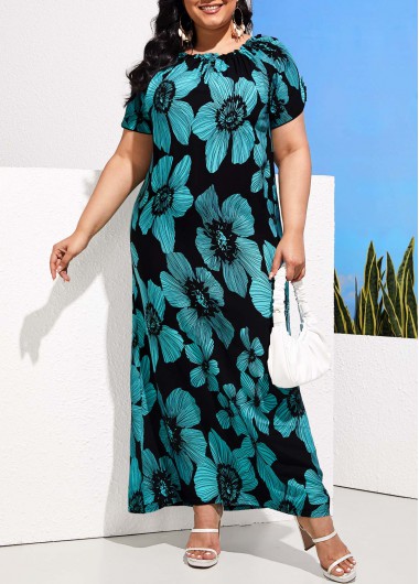 Turquoise plus size,Floral plus size,Plus Size Turquoise Floral Print Dress