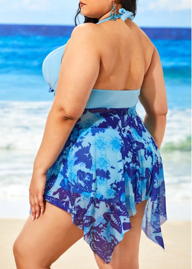Animal Print plus size,Butterfly Print Plus Size Light Blue Swimdress and Shorts