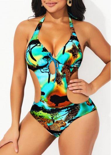 Multi Color swimwear,Animal Print swimwear,ROTITA Animal Prints Multi Color Halter One Piece Swimwear